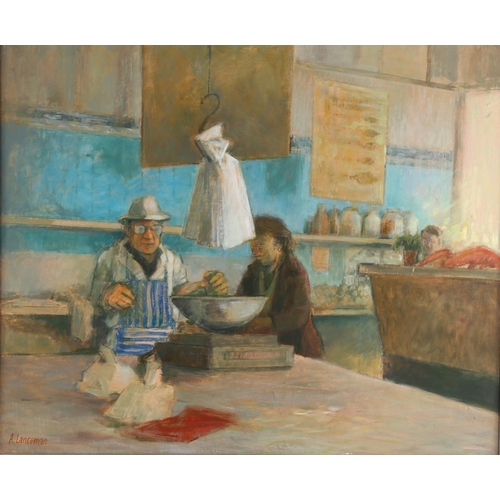 120 - Audrey Lanceman (born 1931), the grocer's shop, oil on board, signed, 50cm x 60cm, framed