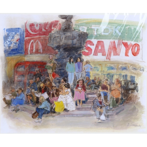 128 - Audrey Lanceman (born 1931), Piccadilly Circus, pen ink and gouache, signed, 18cm x 23cm, mounted