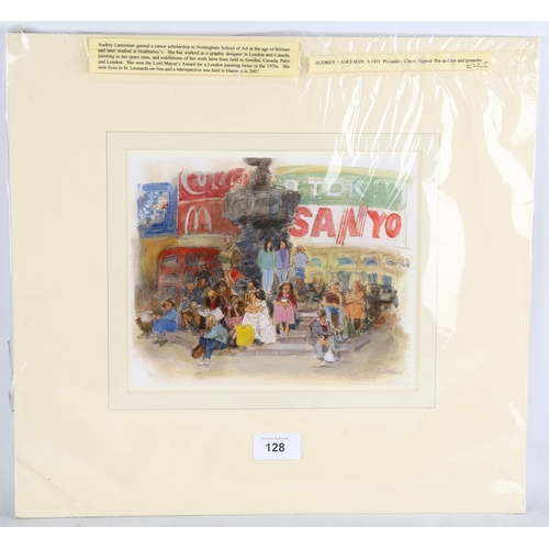 128 - Audrey Lanceman (born 1931), Piccadilly Circus, pen ink and gouache, signed, 18cm x 23cm, mounted