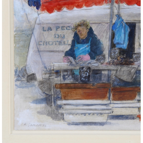 130 - Audrey Lanceman (born 1931), French market scene, watercolour, signed, 20cm x 28cm, framed