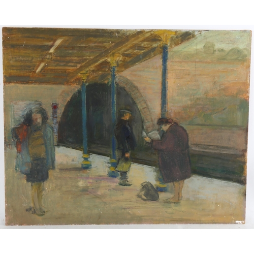 132 - Audrey Lanceman (born 1931), railway platform, oil on board, 41cm x 51cm, unframed