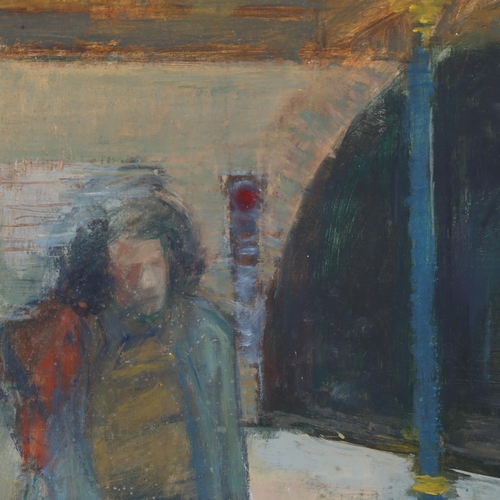 132 - Audrey Lanceman (born 1931), railway platform, oil on board, 41cm x 51cm, unframed