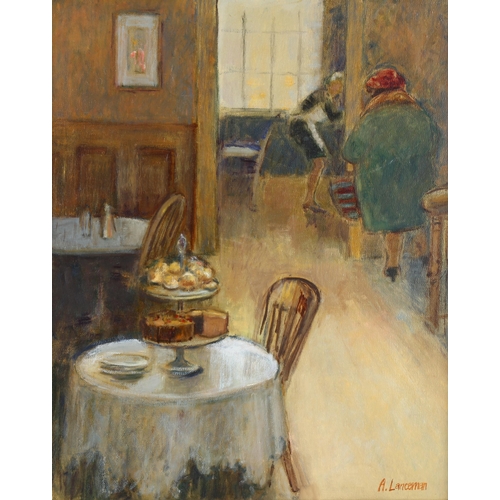 133 - Audrey Lanceman (born 1931), cafe interior, oil on canvas, signed, 50cm x 40cm, framed