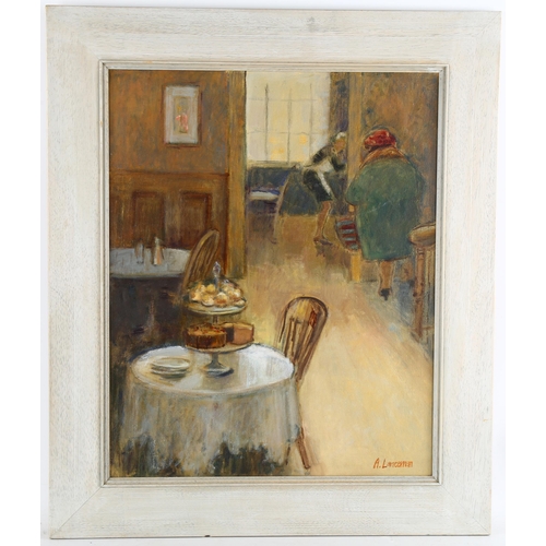 133 - Audrey Lanceman (born 1931), cafe interior, oil on canvas, signed, 50cm x 40cm, framed