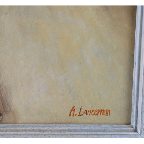 133 - Audrey Lanceman (born 1931), cafe interior, oil on canvas, signed, 50cm x 40cm, framed