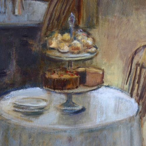 133 - Audrey Lanceman (born 1931), cafe interior, oil on canvas, signed, 50cm x 40cm, framed