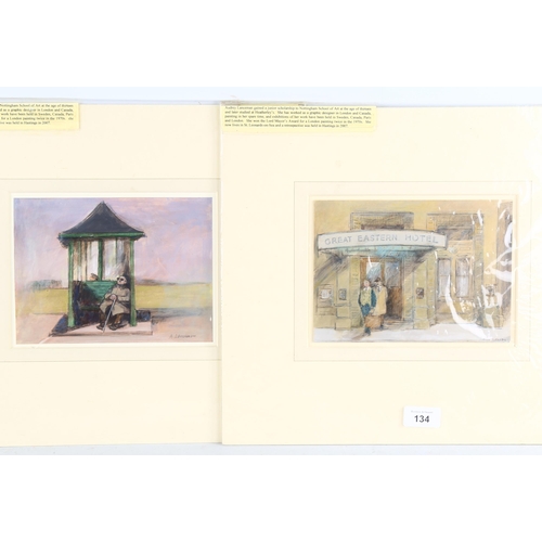 134 - Audrey Lanceman (born 1931), Great Eastern Hotel, 14cm x 20cm, and bus shelter, 15cm x 20cm, pen ink... 