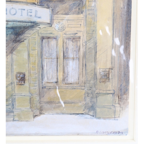 134 - Audrey Lanceman (born 1931), Great Eastern Hotel, 14cm x 20cm, and bus shelter, 15cm x 20cm, pen ink... 