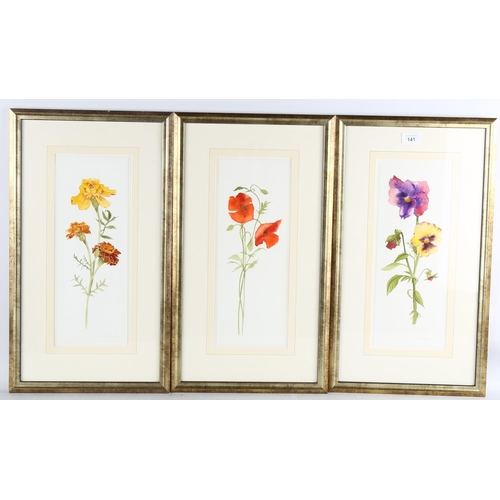 141 - Jane Edmonds, 3 botanical flower studies, watercolour on paper, signed, 37cm x 14cm, framed (3)