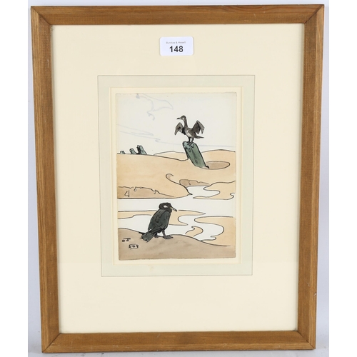 148 - Richard Talbot Kelly (1896 - 1971), cormorants, watercolour, signed with monogram, 20cm x 14cm, fram... 