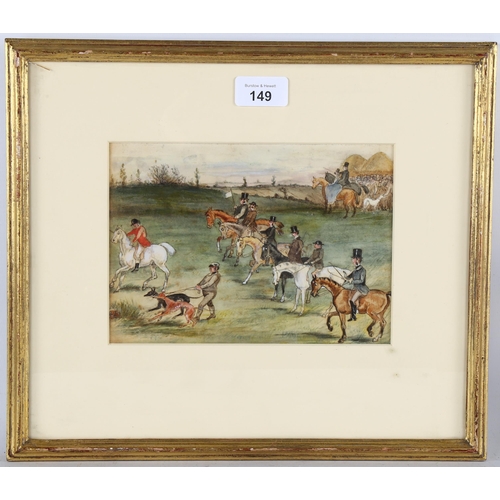 149 - 19th century British School, fox hunting scene, watercolour, unsigned, 15cm x 20cm, framed