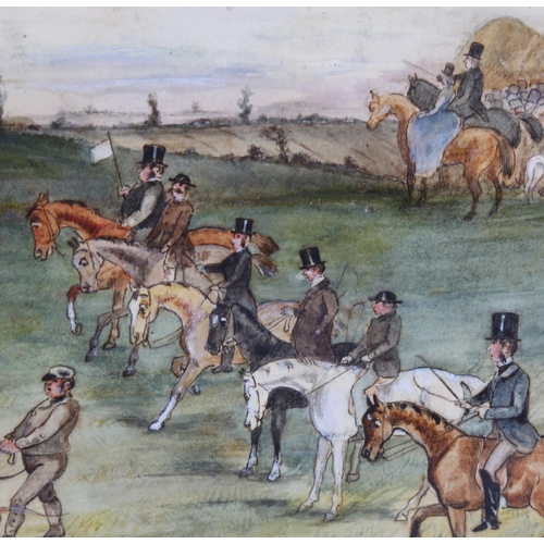 149 - 19th century British School, fox hunting scene, watercolour, unsigned, 15cm x 20cm, framed