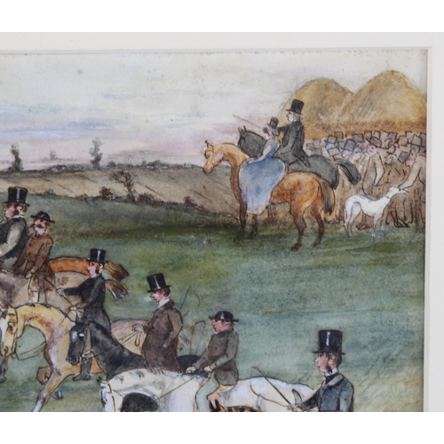 149 - 19th century British School, fox hunting scene, watercolour, unsigned, 15cm x 20cm, framed