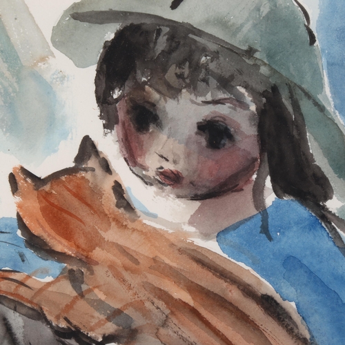 150 - Eleanor Bellingham Smith (1906 - 1988), girl with cat, watercolour, 24cm x 24cm, framed