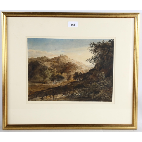 158 - An early 19th century English School, travellers on a mountain road, watercolour, unsigned, 25cm x 3... 