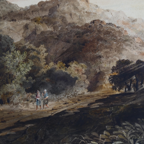 158 - An early 19th century English School, travellers on a mountain road, watercolour, unsigned, 25cm x 3... 