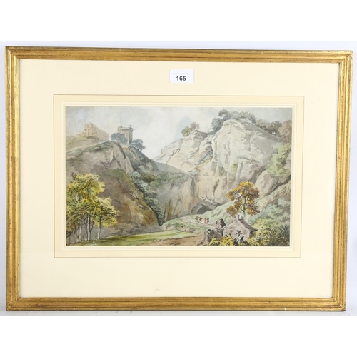 165 - George Barret Snr (circa 1728 - 1784), travellers near castle ruins, watercolour, 23cm x 36cm, frame... 