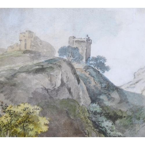 165 - George Barret Snr (circa 1728 - 1784), travellers near castle ruins, watercolour, 23cm x 36cm, frame... 