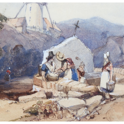 172 - William Brockedon (1787 - 1854), women by a fountain, watercolour, 17cm x 25cm, framed