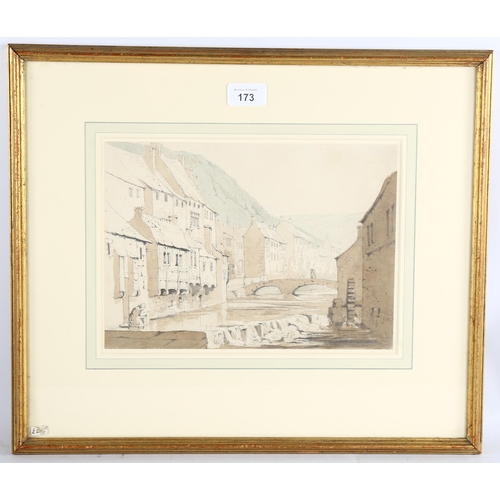 173 - Miss F Duncombe, Continental riverside buildings, sepia watercolour, 20cm x 28cm, framed