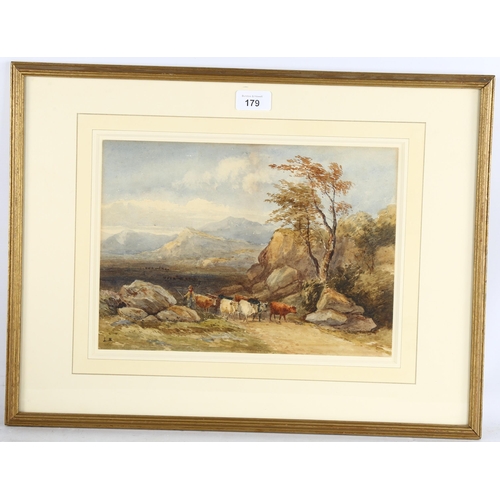 179 - Louise Meadows, farmer and cattle, watercolour, signed with monogram, 24cm x 33cm, framed