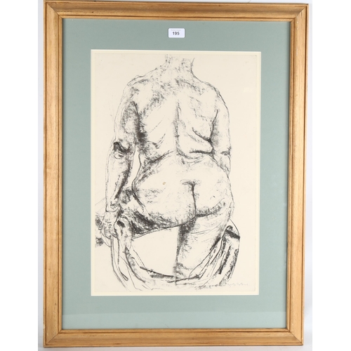 195 - Contemporary nude life study, charcoal on paper, indistinctly signed, 57cm x 38cm, framed