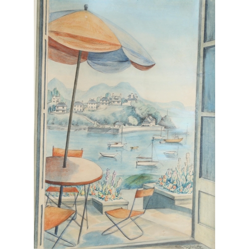 196 - Meryl Watts (1910 - 1992), terrace overlooking harbour, watercolour, signed, 55cm x 40cm, framed