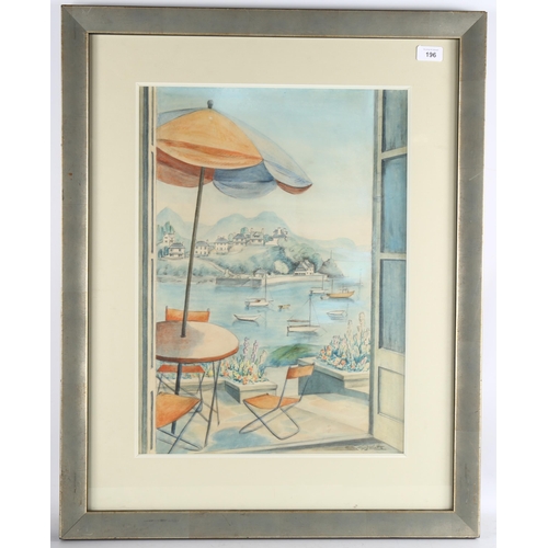 196 - Meryl Watts (1910 - 1992), terrace overlooking harbour, watercolour, signed, 55cm x 40cm, framed