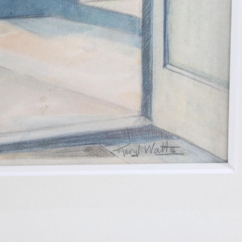 196 - Meryl Watts (1910 - 1992), terrace overlooking harbour, watercolour, signed, 55cm x 40cm, framed