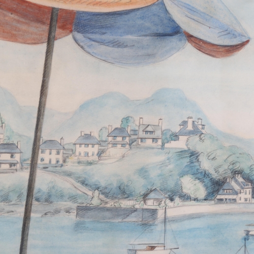 196 - Meryl Watts (1910 - 1992), terrace overlooking harbour, watercolour, signed, 55cm x 40cm, framed