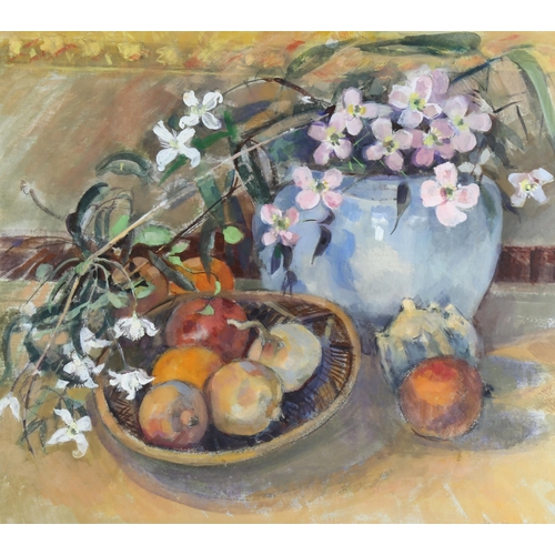 198 - Audrey Macleod (born 1936), still life with flowers and fruit, watercolour/body colour, signed, 53cm... 