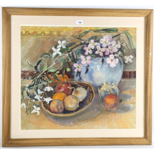 198 - Audrey Macleod (born 1936), still life with flowers and fruit, watercolour/body colour, signed, 53cm... 