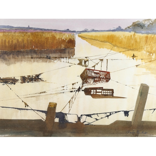 199 - Charles Bartlett (1921 - 2014), backwater, watercolour, signed with Exhibition label verso, 45cm x 5... 