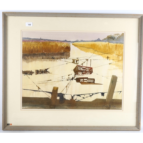 199 - Charles Bartlett (1921 - 2014), backwater, watercolour, signed with Exhibition label verso, 45cm x 5... 