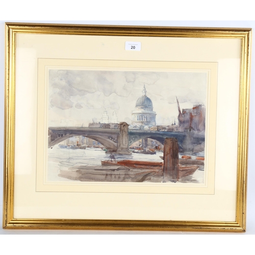 20 - Henry Charles Brewer (1866 - 1950), Thames view towards St Paul's, watercolour, 27cm x 38cm, framed