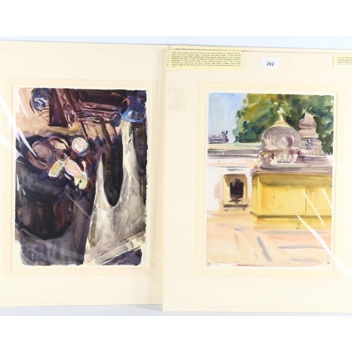 202 - Anthony Bream (born 1943), 4 watercolours including Temple Kanchipuram India, 1991, 37cm x 28cm, mou... 