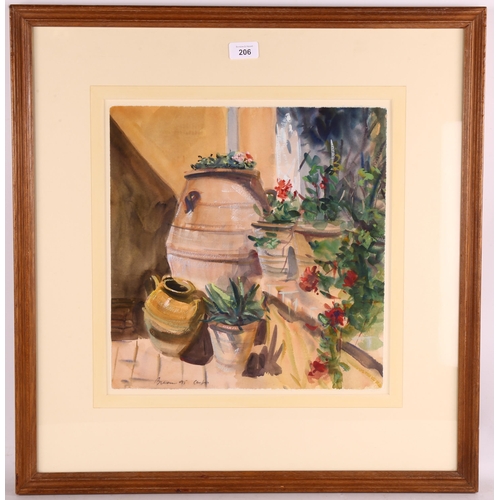 206 - Anthony Bream (born 1943), patio pots Corfu, 1995, watercolour, 38cm x 36cm, framed