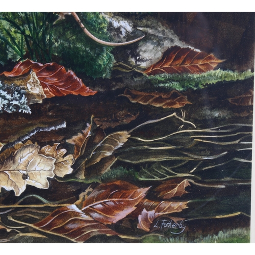 221 - Lesley Fotherby (born 1946), mouse in woodland, watercolour, signed, 36cm x 41cm, framed