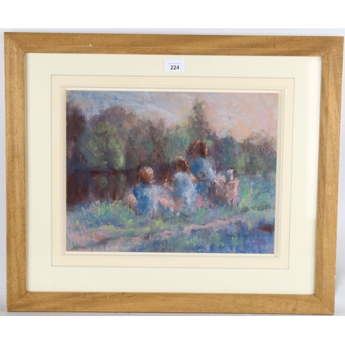 224 - Jane Camp, children on a riverbank, coloured pastels, 30cm x 40cm, framed