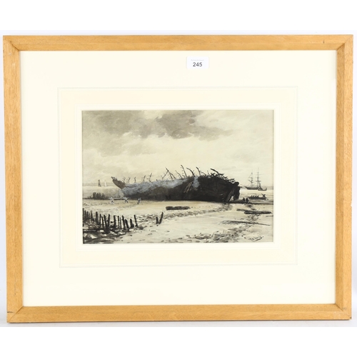 245 - Thomas Bush Hardy (1842 - 1897), shipwreck on the beach, watercolour, signed, 23cm x 34cm, framed