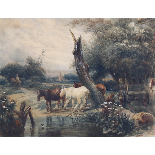 246 - Peter DeWint OWS (1784 - 1849), horses by a pond, watercolour/body colour with scratching out, 26cm ... 