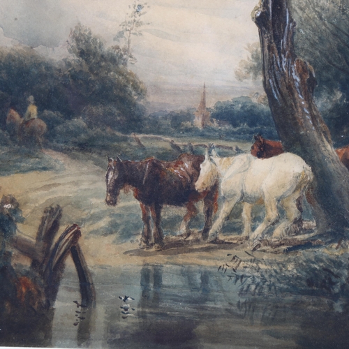 246 - Peter DeWint OWS (1784 - 1849), horses by a pond, watercolour/body colour with scratching out, 26cm ... 