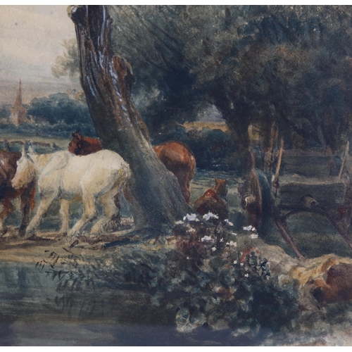 246 - Peter DeWint OWS (1784 - 1849), horses by a pond, watercolour/body colour with scratching out, 26cm ... 