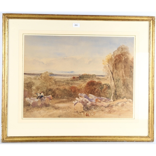 251 - Peter DeWint OWS (1784 - 1849), timber workers in extensive landscape, watercolour, 44cm x 59cm, fra... 