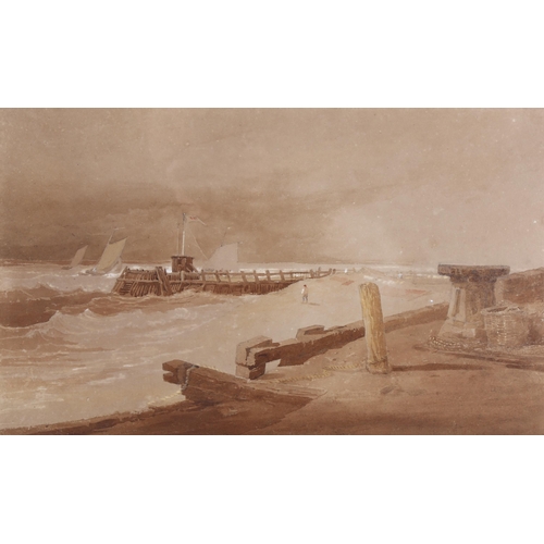 252 - Samuel Prout (1783 - 1852), coastal scene, sepia watercolour, 29cm x 47cm, framed