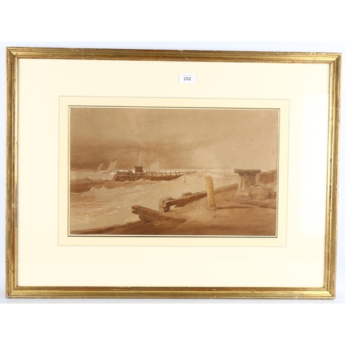 252 - Samuel Prout (1783 - 1852), coastal scene, sepia watercolour, 29cm x 47cm, framed