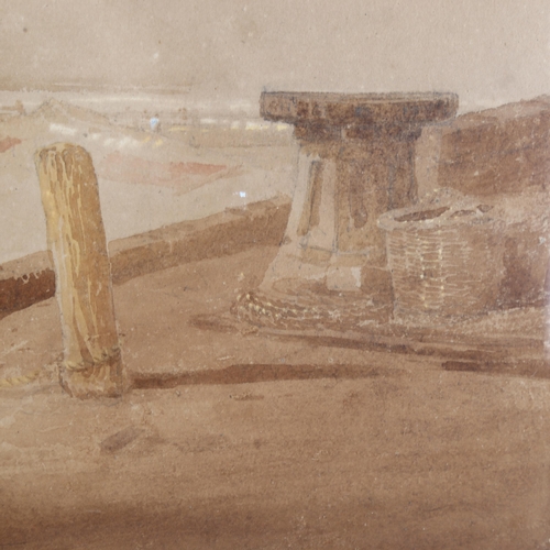 252 - Samuel Prout (1783 - 1852), coastal scene, sepia watercolour, 29cm x 47cm, framed