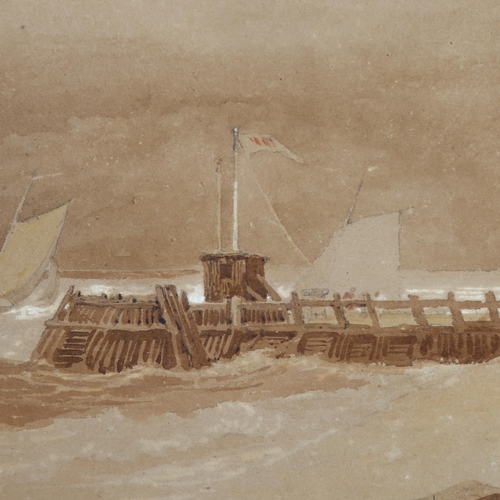 252 - Samuel Prout (1783 - 1852), coastal scene, sepia watercolour, 29cm x 47cm, framed