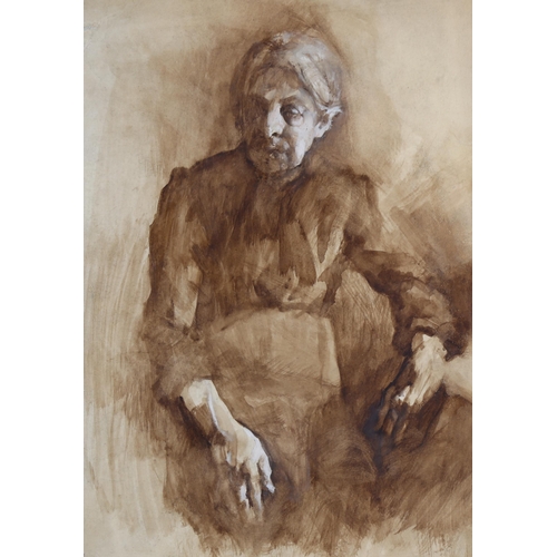 255 - Eugen Hersch (1887 - 1967), study of an old woman, brown wash and white heightening, 30cm x 21cm, fr... 