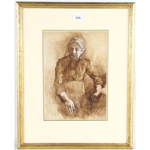 255 - Eugen Hersch (1887 - 1967), study of an old woman, brown wash and white heightening, 30cm x 21cm, fr... 